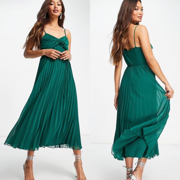 ASOS Forest Green Twist Front Pleated Cami Midi Dress - Picture 1 of 11